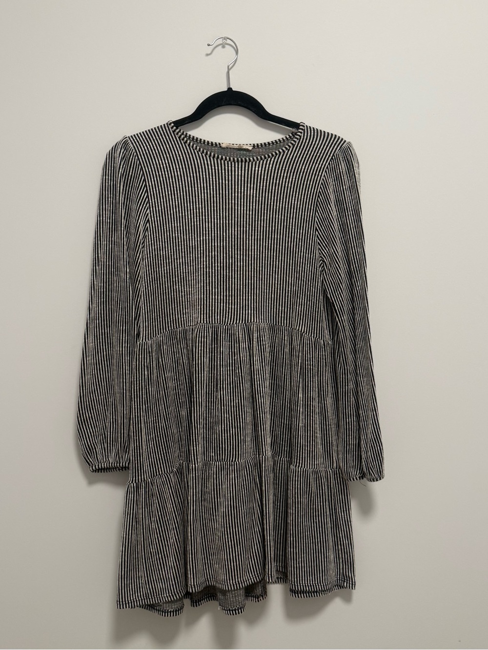Caution To The Wind Black and White Striped Long-Sleeve Tiered Dress
